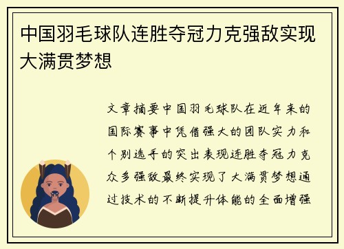 中国羽毛球队连胜夺冠力克强敌实现大满贯梦想