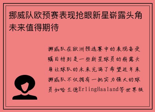 挪威队欧预赛表现抢眼新星崭露头角未来值得期待