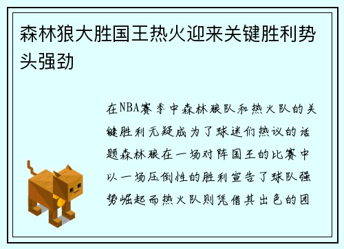 森林狼大胜国王热火迎来关键胜利势头强劲
