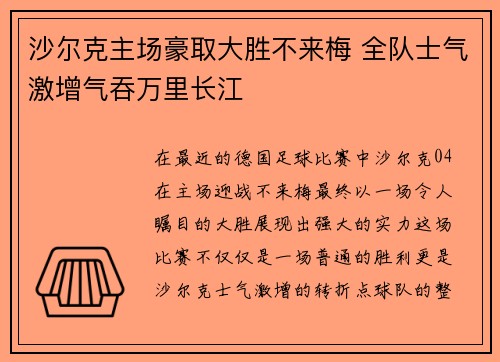 沙尔克主场豪取大胜不来梅 全队士气激增气吞万里长江