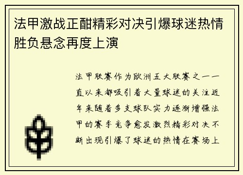 法甲激战正酣精彩对决引爆球迷热情胜负悬念再度上演