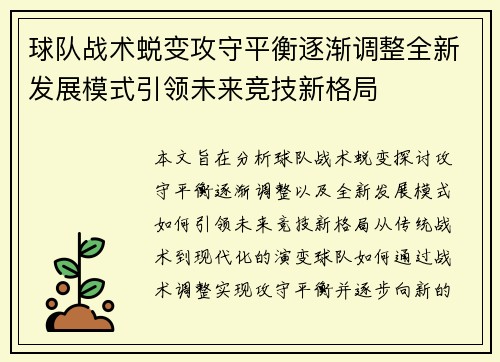 球队战术蜕变攻守平衡逐渐调整全新发展模式引领未来竞技新格局