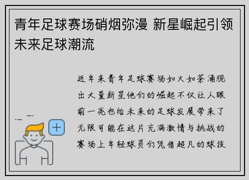 青年足球赛场硝烟弥漫 新星崛起引领未来足球潮流
