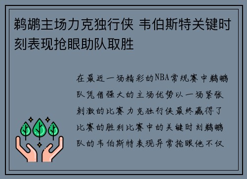 鹈鹕主场力克独行侠 韦伯斯特关键时刻表现抢眼助队取胜